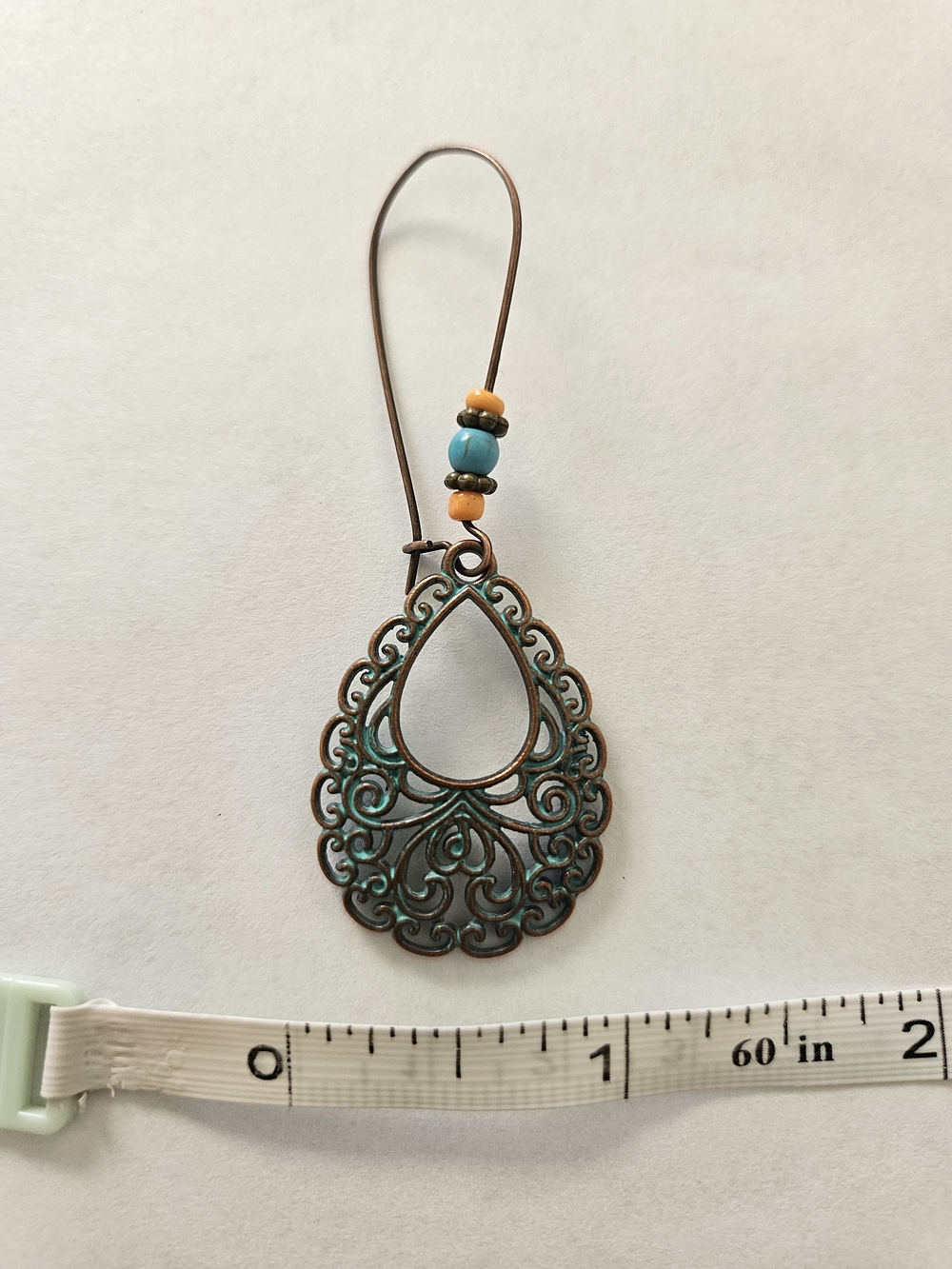 NWT Bohemian Turquoise Patina Teardrop Filigree Earrings Brown Blue Lightweight - Picture 2 of 4